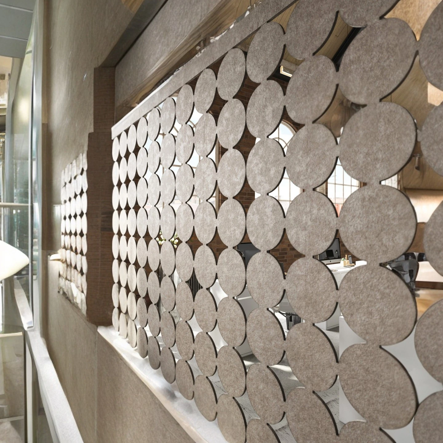 Circular PET acoustic panels used as a room divider