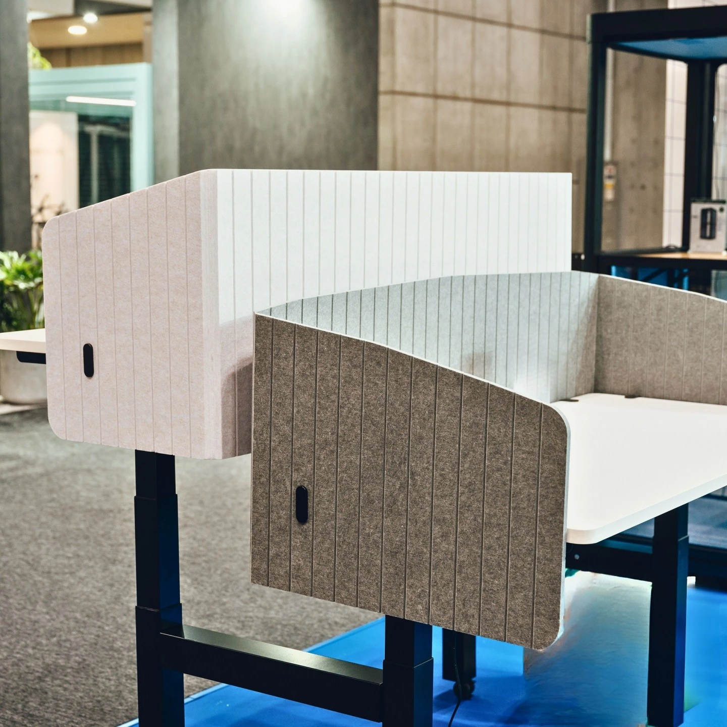 Gray PET desk dividers with vertical striped patterns