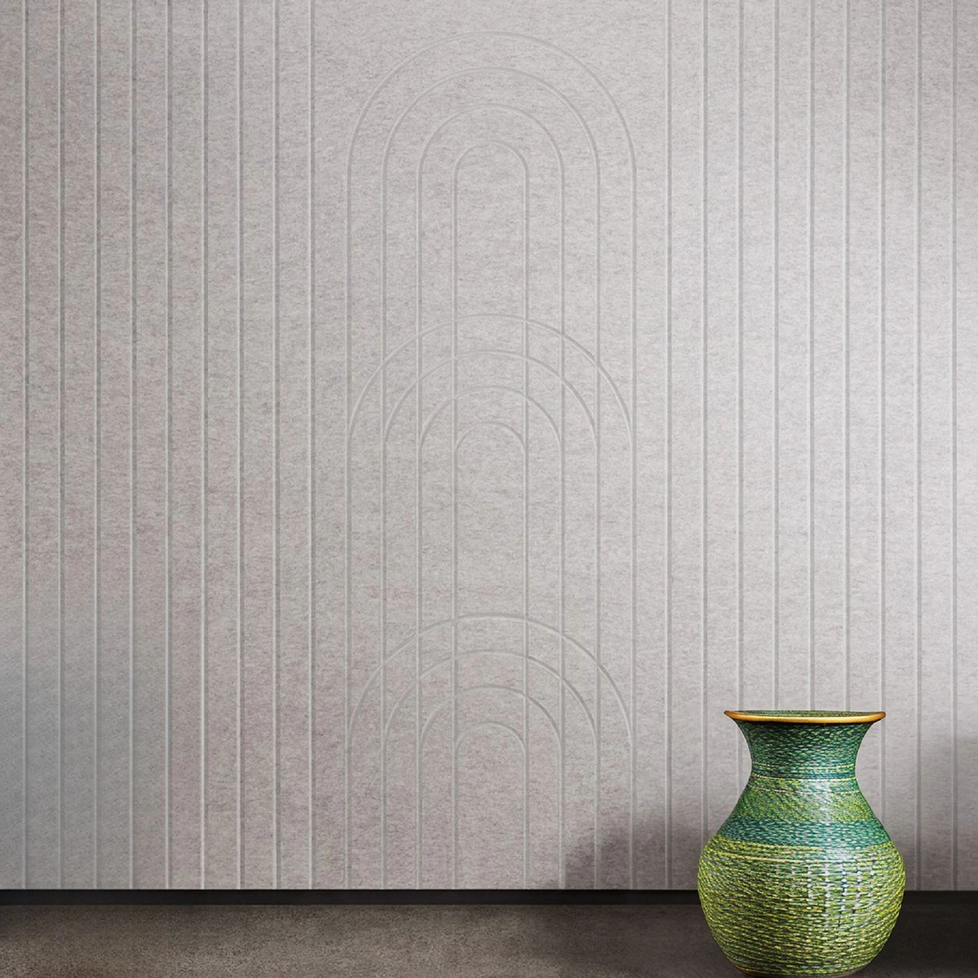 Light gray PET acoustic panel with arch designs and decor