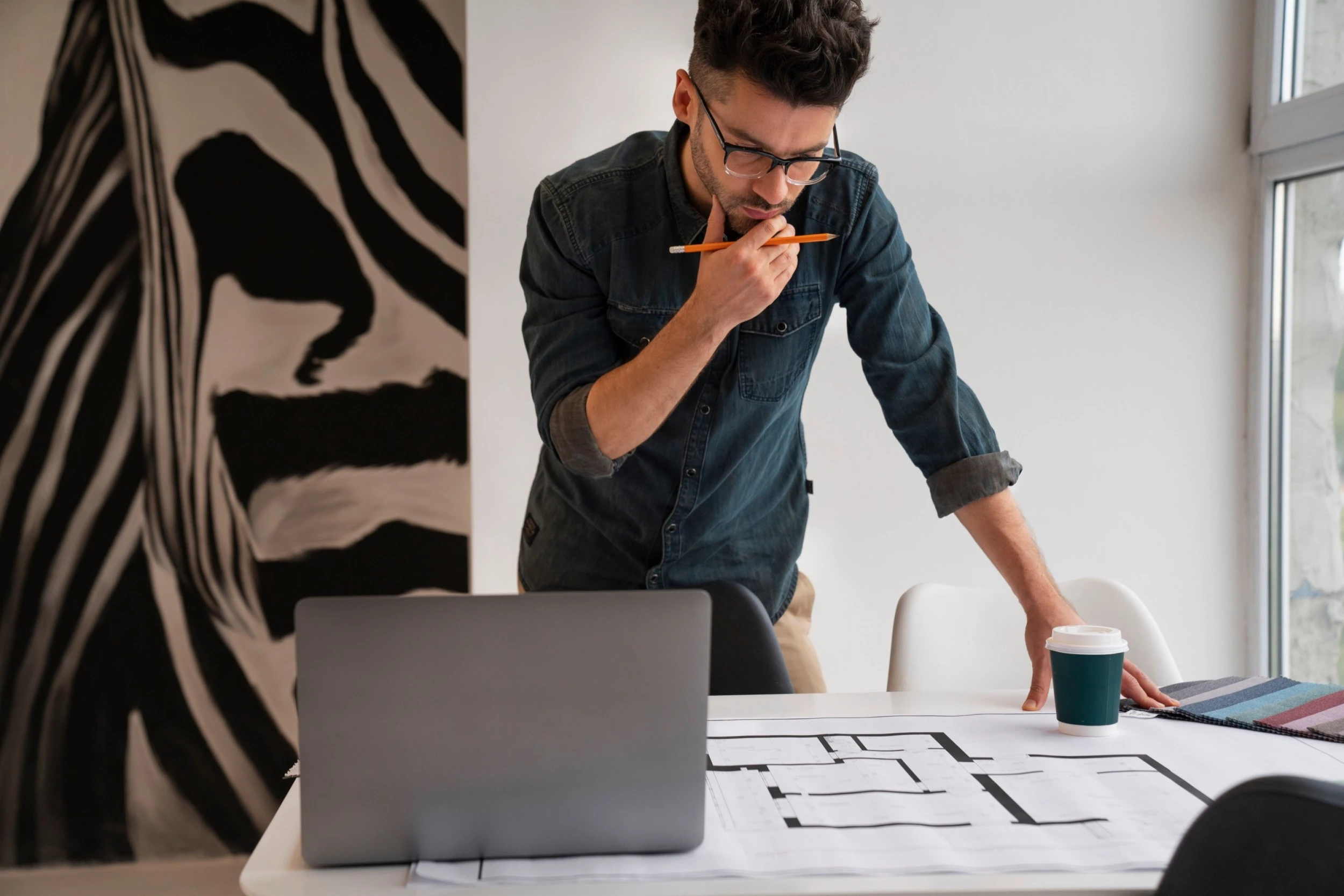 front view man working project