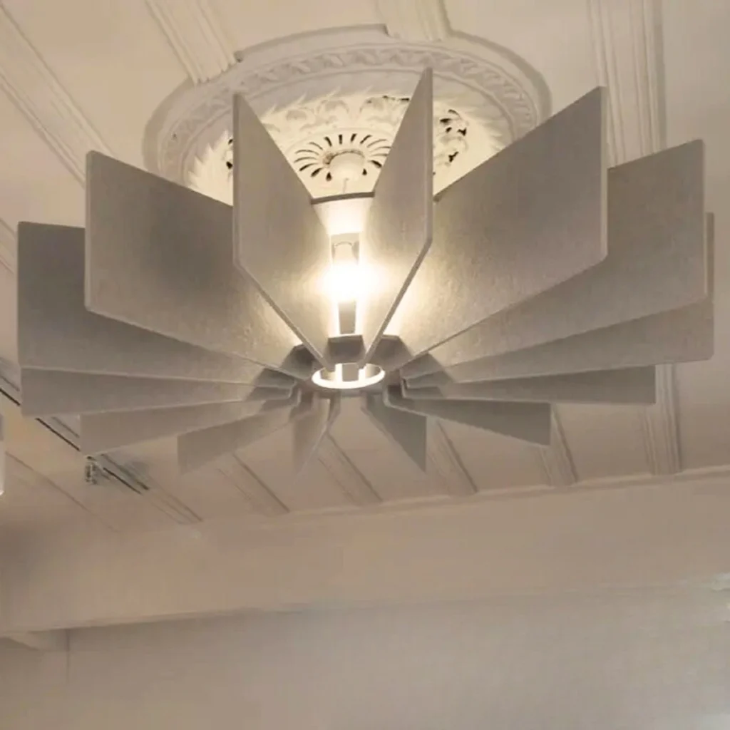 Gray PET acoustic panel lamp with a fan like design